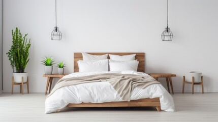 unmade bed with white blankets and pillows, surrounded by bedside tables adorned with plant pots. Ideal for portraying comfort and modern living.