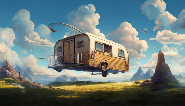a flying residential trailer among many fluffy clouds