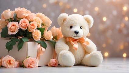 Cute funny teddy bear toy, with a gift box with a bow, with bouquets of rose flowers concept