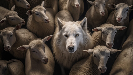A wolf among the sheep. Concept of one who poses a threat, one who has infiltrated a group under the guise of righteousness. - obrazy, fototapety, plakaty
