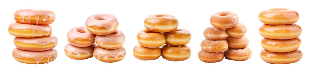 Pile of glazed donuts isolated on transparent background with clipping path. Generative AI - obrazy, fototapety, plakaty