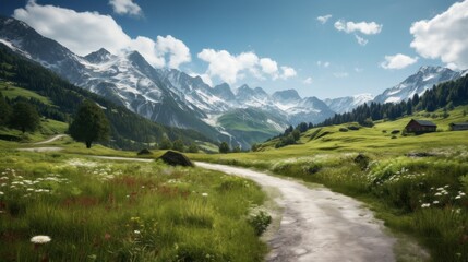 Road with a stunning alpine landscape in the background, generative ai