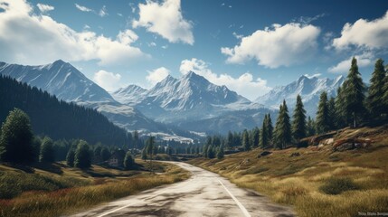 Fototapeta na wymiar Road with a stunning alpine landscape in the background, generative ai