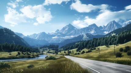 Fototapeta na wymiar Road with a stunning alpine landscape in the background, generative ai
