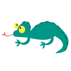 Chameleon. Green chameleon with yellow big eyes and a long tongue. Lizard
