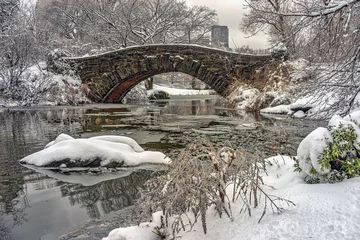 Fotobehang Gapstow Brug Gapstow Bridge in Central Park,snow storm