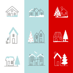 Vector illustration, minimalist style, line art, small christmas houses.