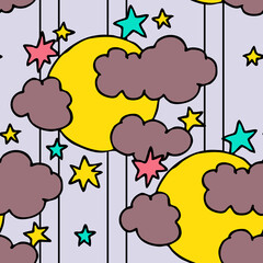 Starry night seamless pattern with moon, stars and clouds. Boho style decorative background for wallpaper, digital paper, wrapping design, fashion fabric, textile print. Hand drawn illustration.
