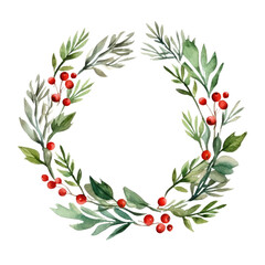 Fototapeta premium Holly leaves and berry. Christmas wreath watercolour illustration. clipart for design. elements. isolated on transparent background.