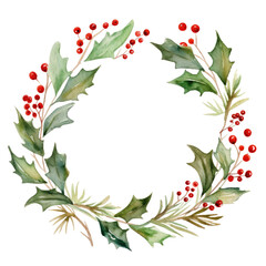 Fototapeta premium Holly leaves and berry. Christmas wreath watercolour illustration. clipart for design. elements. isolated on transparent background.