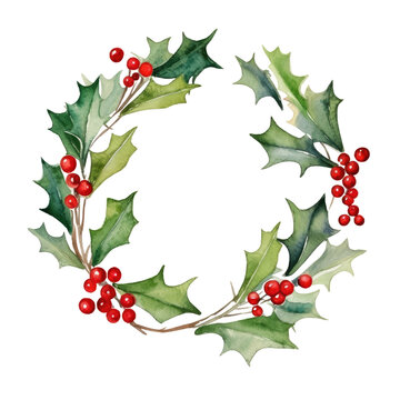 Holly leaves and berry. Christmas wreath watercolour illustration. clipart for design. elements. isolated on transparent background.