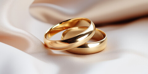 Classic smooth gold wedding rings closeup on a light background