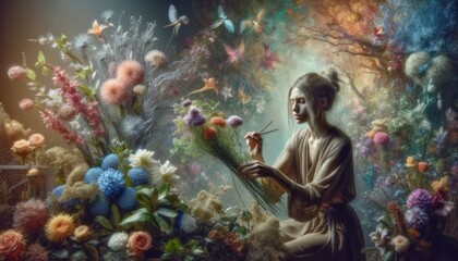 the scene of a floral artist, a young Caucasian woman, arranging flowers that bloom - obrazy, fototapety, plakaty