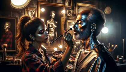 a realistic shot of a makeup artist, a young Middle-Eastern woman, working on a model, a middle-aged Hispanic man. The makeup brushes are paint