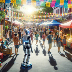 Humanoid robot participating in a neighborhood street festival