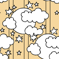 Starry night seamless pattern with moon, stars and clouds. Boho style decorative background for wallpaper, digital paper, wrapping design, fashion fabric, textile print. Hand drawn illustration.