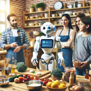 Humanoid robot teaching a cooking class to a group of people