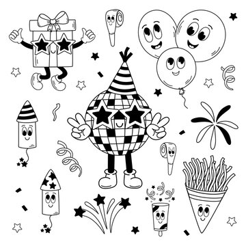set of isolated outline  funny party elements