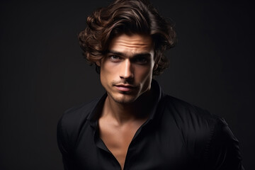Naklejka premium Young man with dark wavy hair isolated on studio background. Face of handsome guy wearing black shirt. Concept of style, fashion, beauty model, male portrait, hairstyle, look