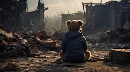 Fototapeten widok misia i przyjaciela nad zniszczonym miastem po wojnie i konflikcie militarnym © Bear Boy 