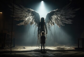 widok białego aniołe ze wielkimi skrzydłami nad młodym chłopcem - obrazy, fototapety, plakaty