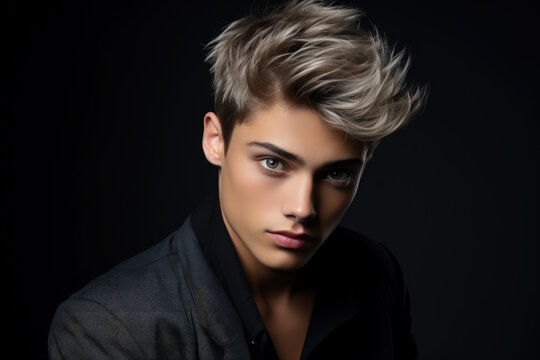 Young man with short blond hair isolated on black studio background. Portrait of handsome boy model wearing dark jacket. Concept of style, fashion, beauty, male face, stylish hairstyle