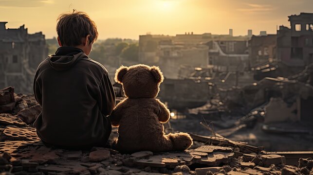 widok misia i przyjaciela nad zniszczonym miastem po wojnie i konflikcie militarnym