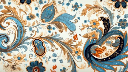 A seamless and ornate vintage Indian pattern, incorporating oriental elements and abstract decorative motifs. This hand-drawn background exhibits intricate designs