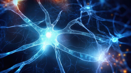 Abstract medical background. Neurons brain cells. Network of neurons in human brain on black background