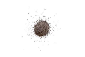 Closeup of organic dry chia seeds isolated on a transparent background from above with shadows, top view