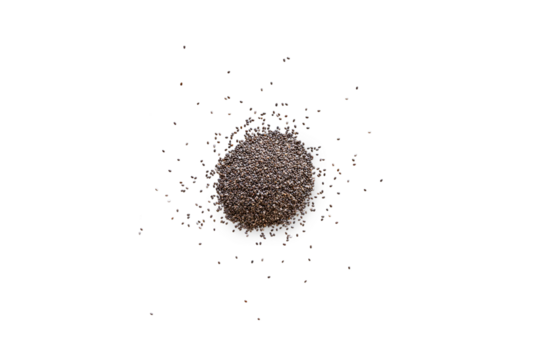 Closeup of organic dry chia seeds isolated on a transparent background from above with shadows, top view