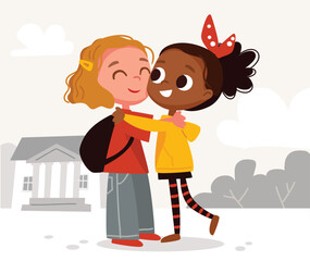 Best friends. Little girls hugging. Two cute teenage girls. Happy school kids.