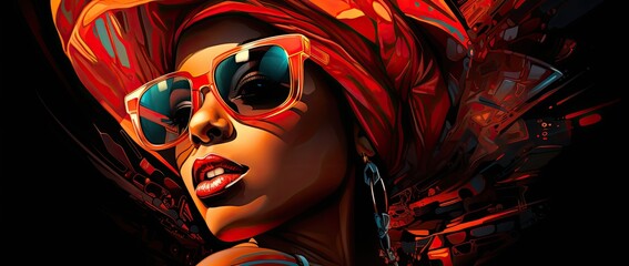 afro kobieta z czerwonymi ustami i kolorowymi okularami w stylu rege - obrazy, fototapety, plakaty