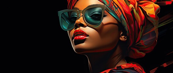 afro kobieta z czerwonymi ustami i kolorowymi okularami w stylu rege - obrazy, fototapety, plakaty