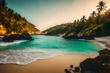 Fototapeta na wymiar A serene beach with golden sands and emerald waters