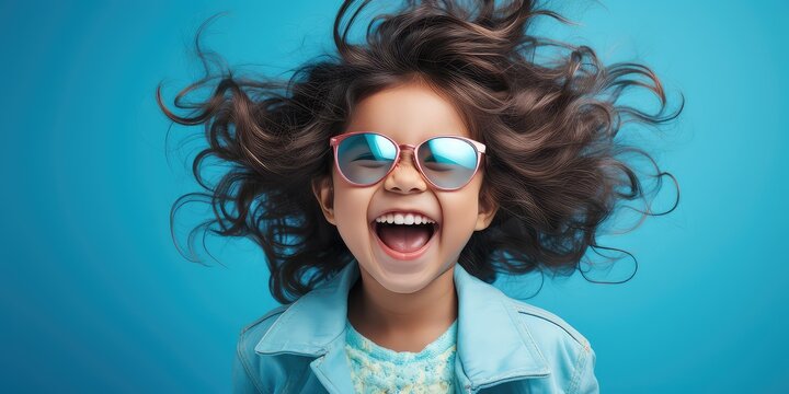 chłopczyk śmiejący się w okularach na niebieskim tłe w czarnych długich włosach