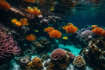 Fototapeta na wymiar Vibrant underwater gardens of coral in various shapes and colors