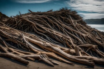 Intricate patterns of driftwood sculptures on a secluded island bay