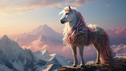 Obraz na płótnie Canvas Kolorowy fantastyczny jednorożec stojący na szczycie góry. 
