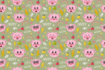 Seamless pattern with cute kawaii pigs with rainbow, apple, corn, flowers, stars and lightning