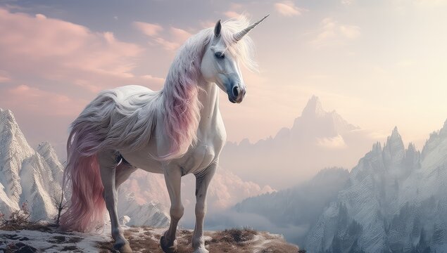 Kolorowy fantastyczny jednorożec stojący na szczycie g&oacute;ry. 