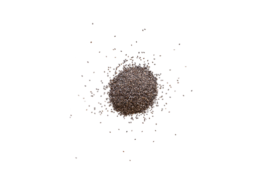 Closeup of organic dry chia seeds isolated on a transparent background without shadows from above, top view