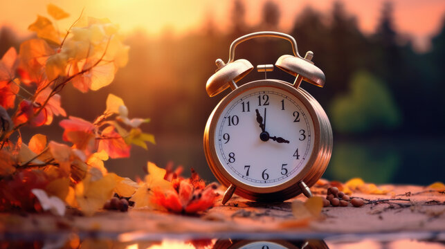 Daylight saving time ends. Alarm clock on beautiful nature background with summer flowers and autumn leaves. Summer time end and fall season coming. Clock turn backward to winter time. Autumn equinox