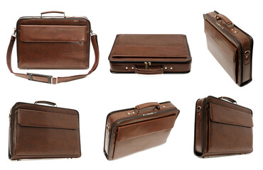 Collection of briefcases from different angles isolated on white.