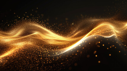 Digital gold particles wave and light abstract background with shining dots stars