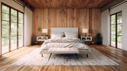 Farmhouse interior design of modern bedroom with hardwood floor. Created with generative AI 