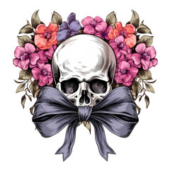 skull with flowers and empty ribbon isolated