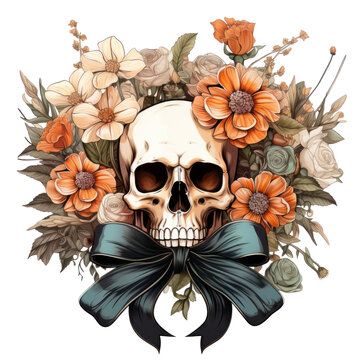 skull with flowers and empty ribbon isolated