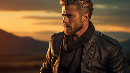 man in leather jacket at sunset - obrazy, fototapety, plakaty