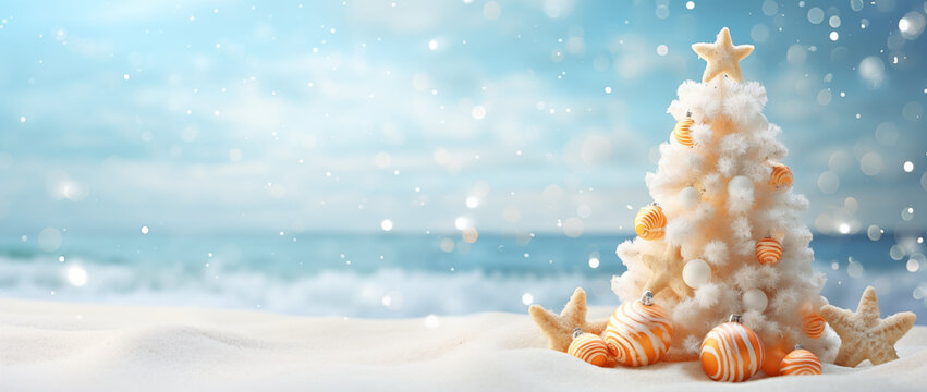 A white xmas tree is decoratec with orange cookies, baby orange corn, background is blured, backgrund is sea, unusual creatIve concept winter and summer